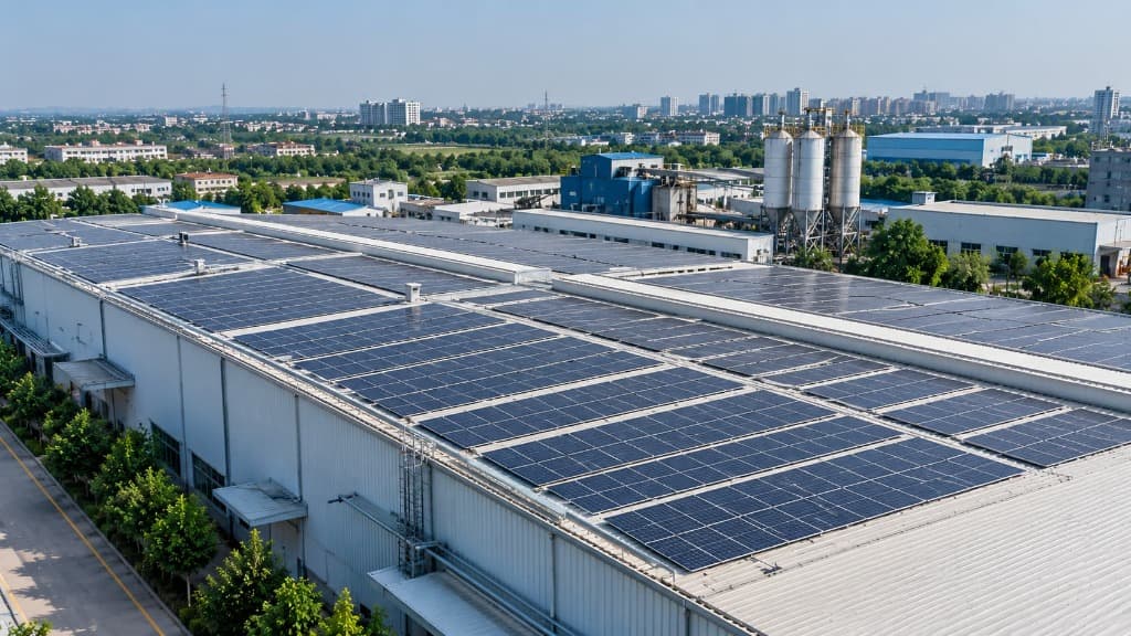 Solar-Powered Industrial Factory Complex Rooftop Installation
