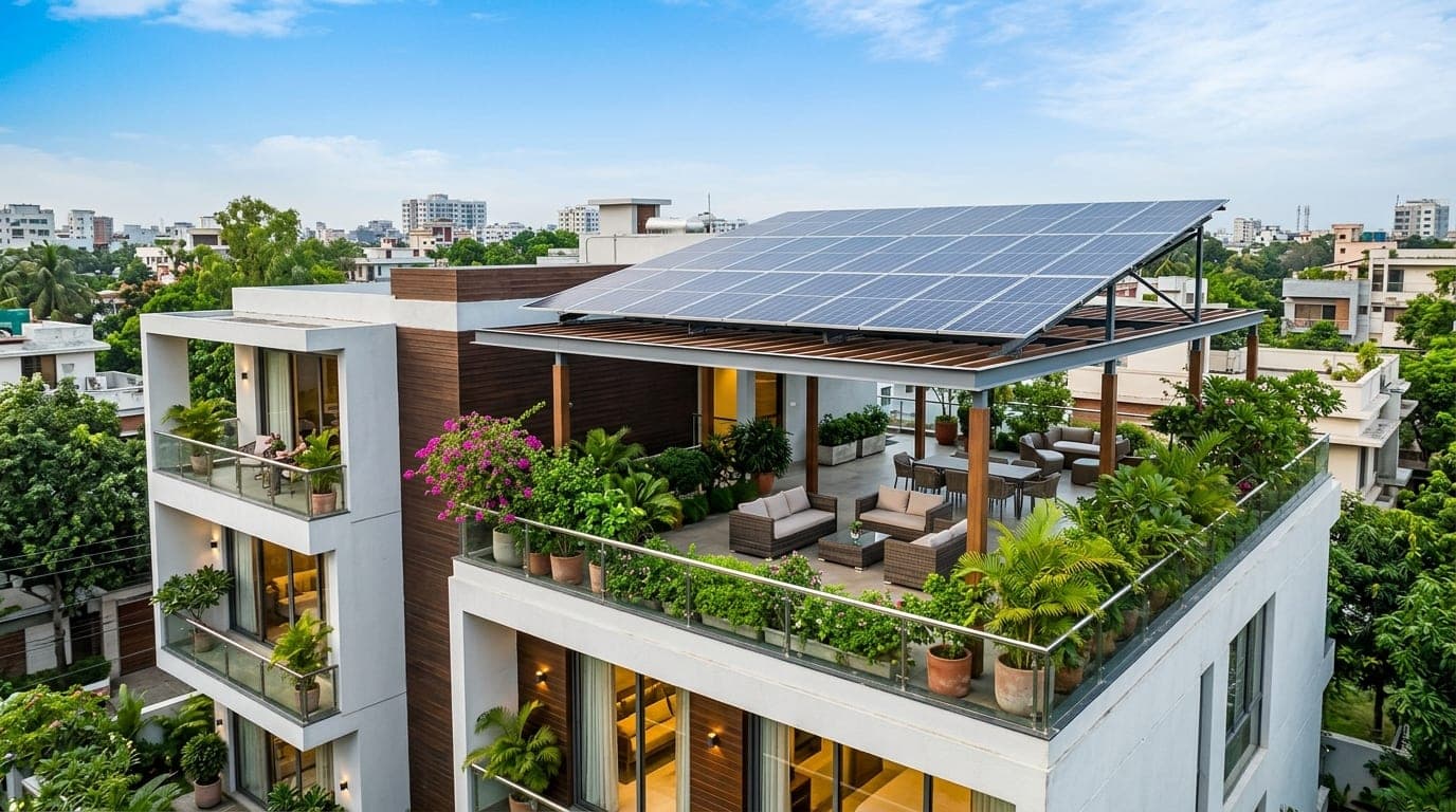 Modern Luxury Residential Duplex Villa Rooftop Solar Pergola & Garden